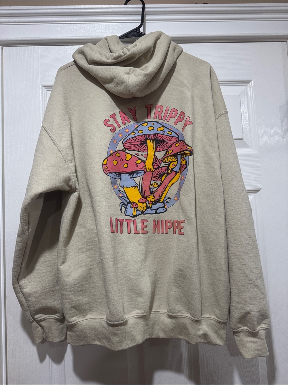 Stay Trippy Little Hippie Mushroom Graphic Hoodie - Cream